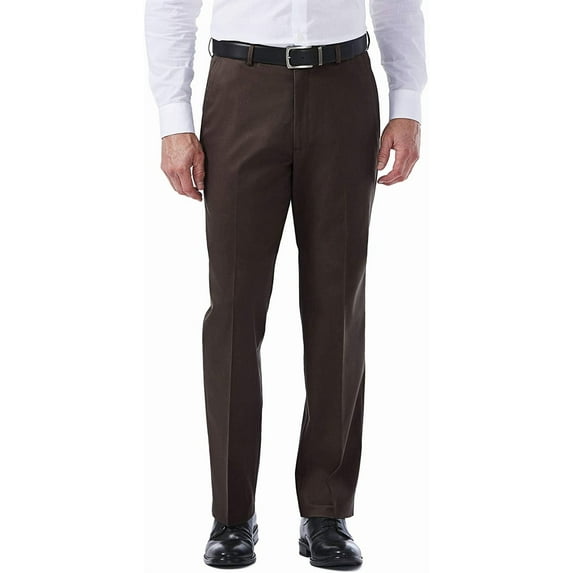 Haggar Mens Premium No Iron Khaki Classic Fit Expandable Waist Flat Front Pant