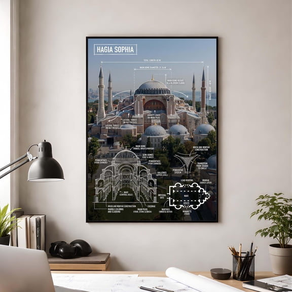 Hagia Sophia Blueprint Istanbul Architecture Engineering Student Byzantine Floor Plan Educational Poster , Poster Print Only