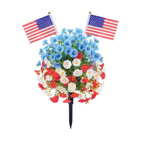 Hagloyecr Artificial Flower Outdoor Topiary Trees Violet Ball Flower 4th of July Decor,Patriotic Tree Decoration with Ground Spikes,Fake Bushes Plants Shrubs for Indoor Outdoor Garden,Veteran Day B