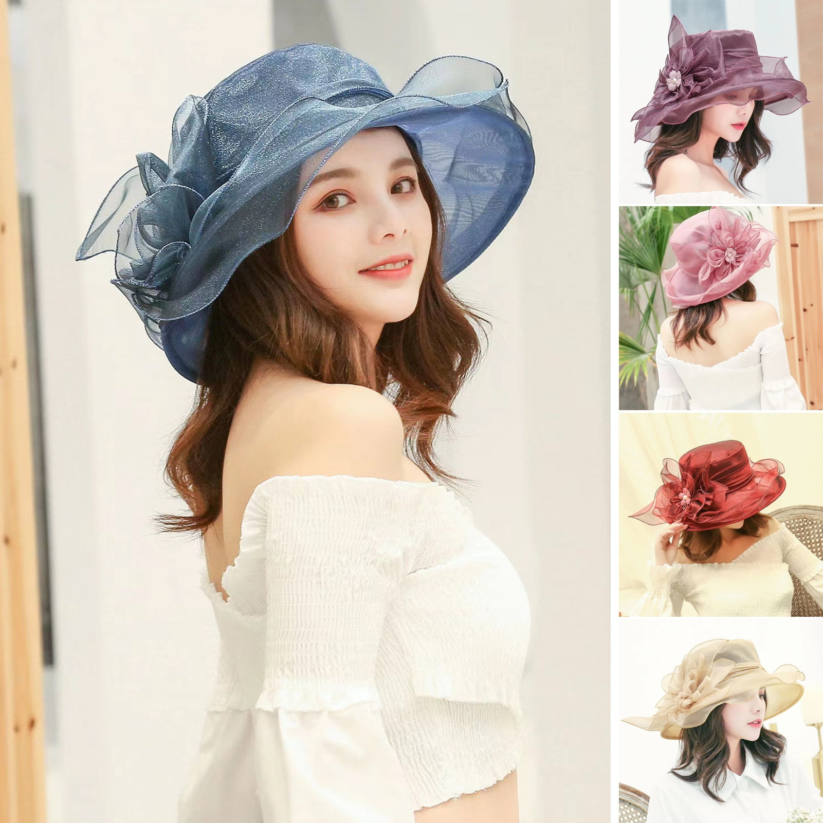 Hahasong Women's Top Hat Elegant Organza Flower Hat with Wide Brim