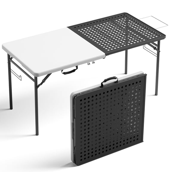 HaiCube 5FT Folding Grill Table, Portable Outdoor Camping Prep Station with Metal Mesh Top, Utility Hooks & Storage Rack, Heavy Duty Cooking Table for BBQ, Tailgating, Picnic, Patio