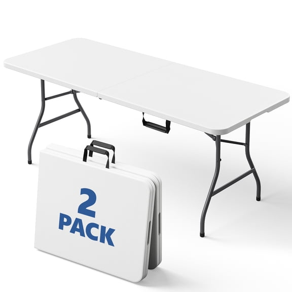 HaiCube 6FT Folding Table, 72" x 30" Extra Wide Heavy Duty Portable Table, Waterproof HDPE Plastic, Foldable Picnic Table for Camping, BBQ, Party, Dining, Indoor & Outdoor, White, 2 Pack