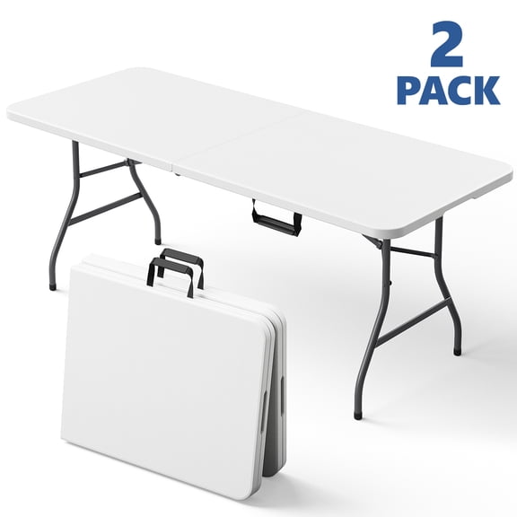 HaiCube 6FT Folding Table, 72" x 30" Extra Wide Heavy Duty Portable Table, Waterproof HDPE Plastic, Foldable Picnic Table for Camping, BBQ, Party, Dining, Indoor & Outdoor, White, 2 Pack