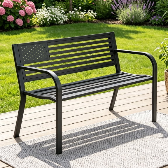 HaiCube Outdoor Bench with American Flag Backrest, Sturdy Cast Iron & Steel Frame, All-Weather Garden Patio Seating for Porch Deck Lawn Park, Black