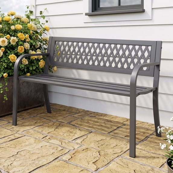 HaiCube Outdoor Metal Patio Garden Bench, Heavy‑Duty Grid Mesh Back Bench with Armrests, 500 lbs Load Capacity, Rust Weather‑Resistant for Yard Lawn Porch Entryway