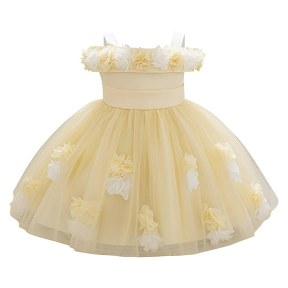 HaiMao Baby Flower Girl Dress Infant Toddlers Kids Cold Shoudler Princess Tutu Tulle Gown for Birthday Party Wedding Pageant Yellow 2 Years