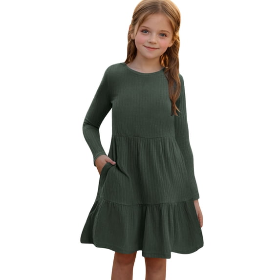 HaiMao Big Girls Long Sleeve Spring Fall Dresses Clearance with Pockets Ribbed Knit Casual Crew Neck Knee Length Sweater Dress Army Green 7 Years