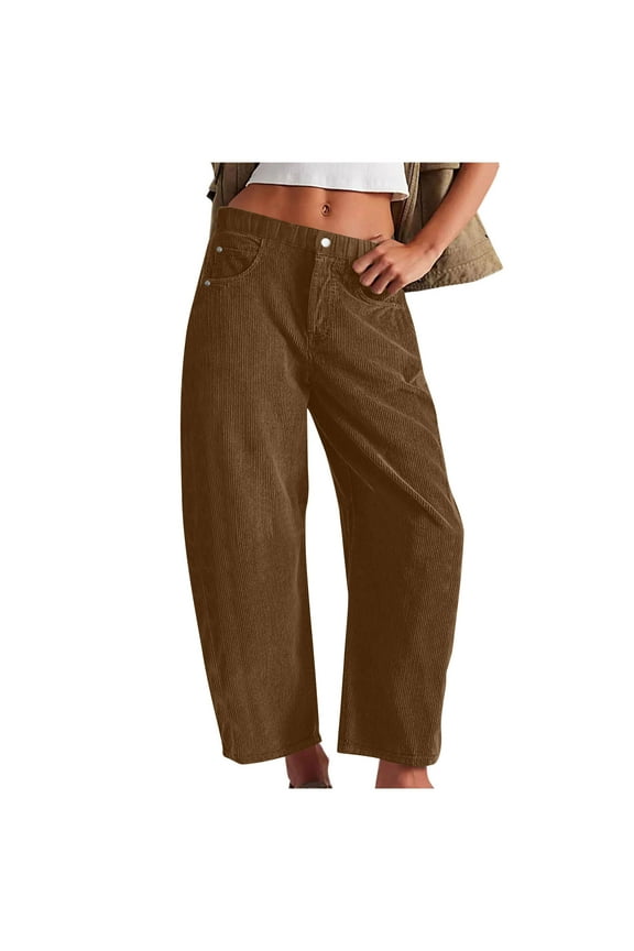 Corduroy Pants Clearance Women Elastic Waist Mid-Rise Wide Leg Cropped Pants Baggy Barrel Jeans Trousers with Pockets Coffee 10(XL)