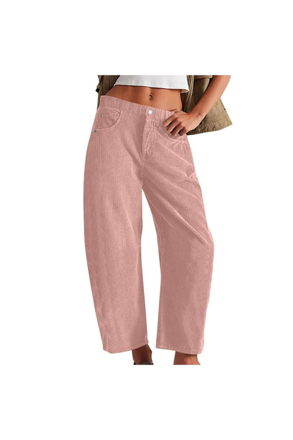 Corduroy Pants Clearance Women Elastic Waist Mid-Rise Wide Leg Cropped Pants Baggy Barrel Jeans Trousers with Pockets Pink 4(S)
