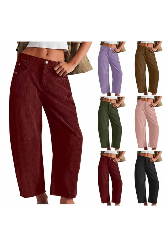 Corduroy Pants Clearance Women Elastic Waist Mid-Rise Wide Leg Cropped Pants Baggy Barrel Jeans Trousers with Pockets Wine 10(XL)