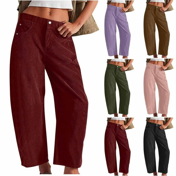 HaiMao Corduroy Pants Clearance Women Elastic Waist Mid-Rise Wide Leg Cropped Pants Baggy Barrel Jeans Trousers with Pockets Wine 10(XL)