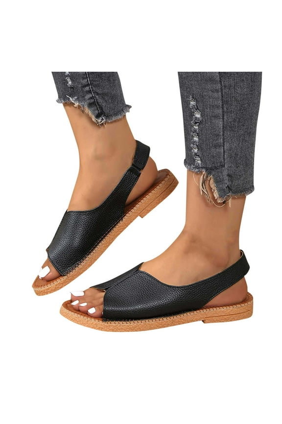Flat Sandals for Women Clearance, Orthopedic Arch Support Flat Slip on Wide Width Leather Platform Wedge Slides Sandals Black 6.5(37)
