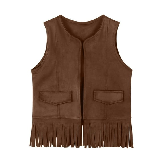 HaiMao Girl's Boho Fringe Trim V Neck Cowgirl Vest Jacket Clearance Open Front Crop Outerwear Waistcoat Brown 9 Years
