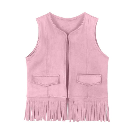 Hinvhai Girl's Boho Fringe Trim V Neck Cowgirl Vest Jacket Open Front Crop Outerwear Waistcoat Pink 7 Years