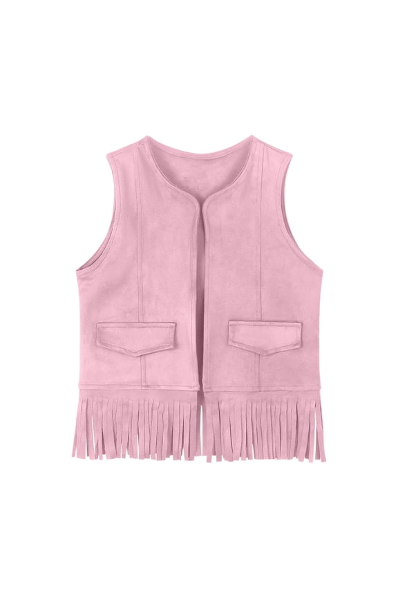 Girl's Boho Fringe Trim V Neck Cowgirl Vest Jacket Open Front Crop Outerwear Waistcoat Pink 7 Years