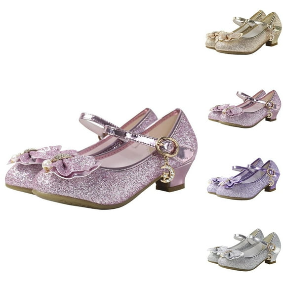 Hinvhai Girl's Dress Shoes Mary Jane Glitter Low Heel Wedding Party Princess Shoes for Toddler/Little/Big Kids Silver 14 Years