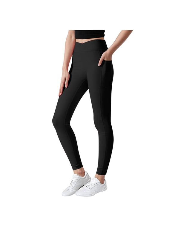 Girls Athletic Leggings V Cross Yoga Pants Teen Girls with Pocket for Workout,Gym,Running,Dance Black 12-13 Years