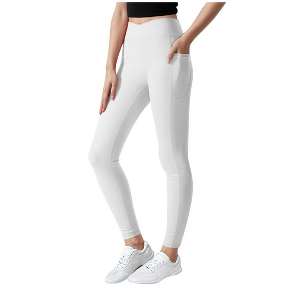 HaiMao Girls Athletic Leggings V Cross Yoga Pants Teen Girls with Pocket for Workout,Gym,Running,Dance White 11-12Years