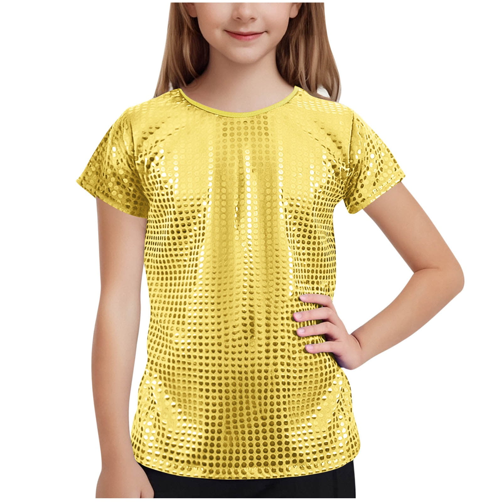 T-Shirt Enfant Brillant Métallisé - Haut Loose Pour Danse, Jazz, Fête - Manches Courtes - 100% Polyester - Neuf Avec étiquette