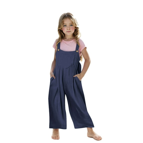 HaiMao Girls Overalls Clearance Kids Casual Sleeveless Wide Leg Jumpsuit Loose Rompers with Pockets Navy 5 Years