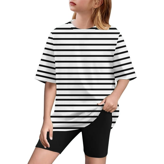 HaiMao Girls Summer Clothes , Striped Crewneck Oversized Slouchy T-Shirt Top + Biker Shorts 2Pcs Summer Outfits Black 8 Years