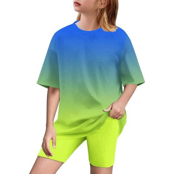Hinvhai Girls Summer Clothes , Tie-dyed Crewneck Oversized Slouchy T-Shirt Top Biker Shorts 2Pcs Summer Outfits Blue 5 Years