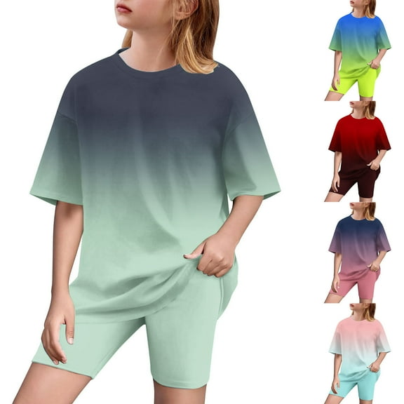 HaiMao Girls Summer Clothes , Tie-dyed Crewneck Oversized Slouchy T-Shirt Top + Biker Shorts 2Pcs Summer Outfits Wine 14 Years