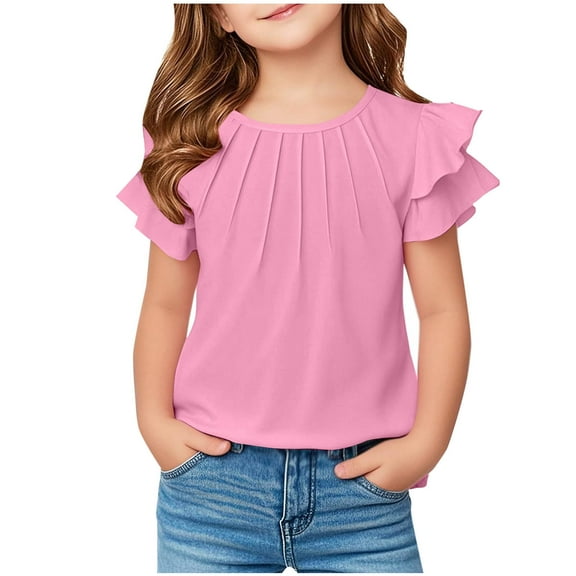 HaiMao Girls T Shirts Ruffle Short Sleeve Tee Tops Summer Solid Color Casual Pleated Loose Blouse Pink 12 Years