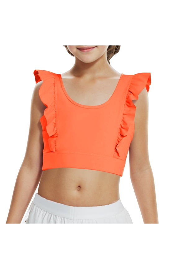 Girls Training Bra Clearance Cute Ruffle Sports Bra for Kids Scoop Neckline Fitness Yoga Bra Strap Crop Top Orange 8 Years
