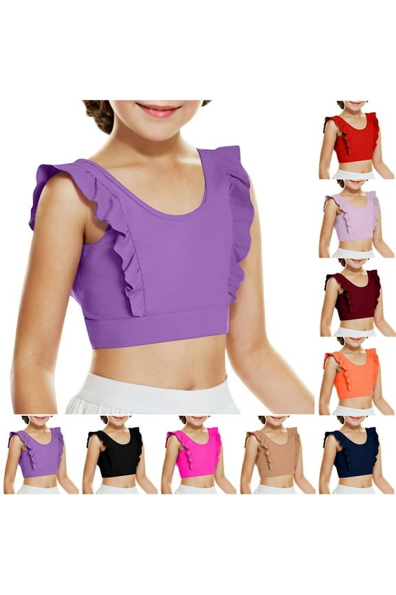 Girls Training Bra Clearance Cute Ruffle Sports Bra for Kids Scoop Neckline Fitness Yoga Bra Strap Crop Top Wine 10 Years