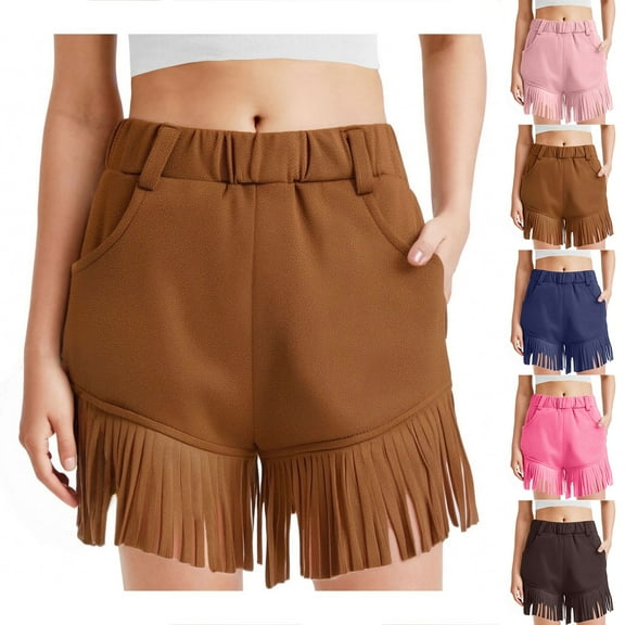 HaiMao Kids Faux Suede Fringe Shorts Tassel Cowgirl Outfits with Pockets Pink 13 Years