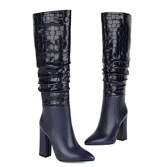 HaiMao Knee High Boots Women Chunky Heel Square Toe Tall Boots for Women High Heel Long Boots Blue 9(42)