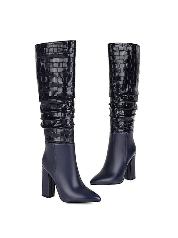 Knee High Boots Women Chunky Heel Square Toe Tall Boots for Women High Heel Long Boots Blue 9.5(43)