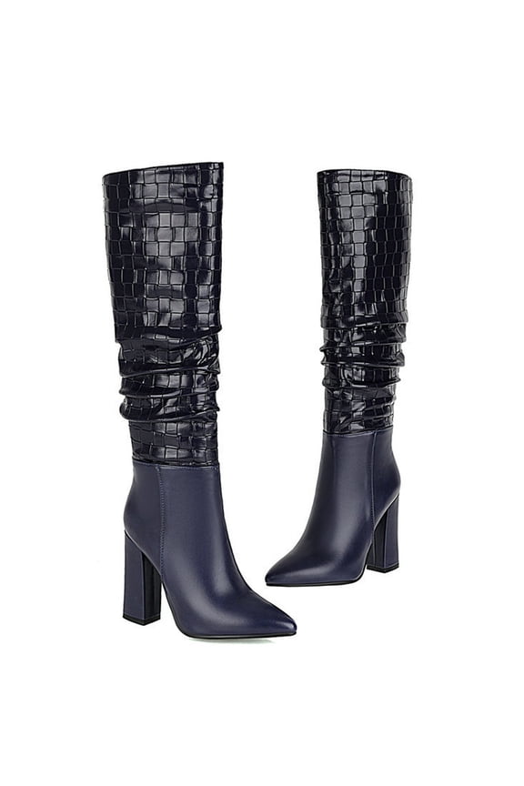 Knee High Boots Women Chunky Heel Square Toe Tall Boots for Women High Heel Long Boots Blue 9.5(43)