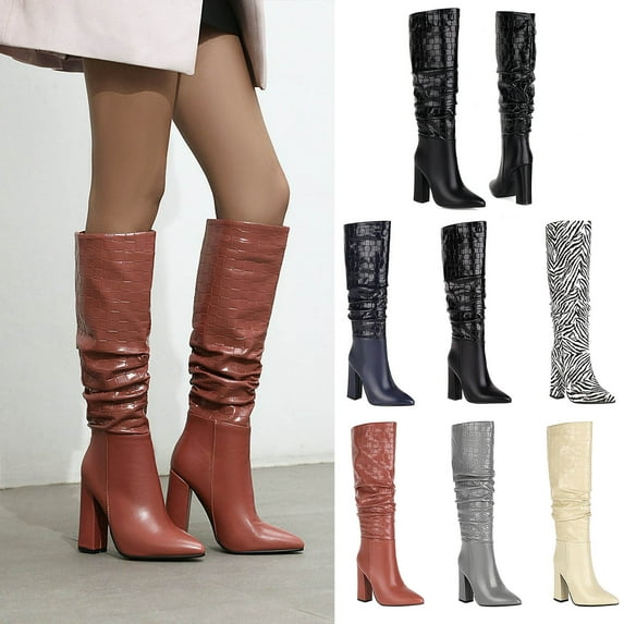 HaiMao Knee High Boots Women Chunky Heel Square Toe Tall Boots for Women High Heel Long Boots Cameo 9.5(43)