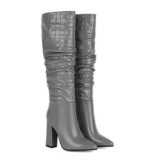 Hinvhai Knee High Boots Women Chunky Heel Square Toe Tall Boots for Women High Heel Long Boots Gray 8.5(41)