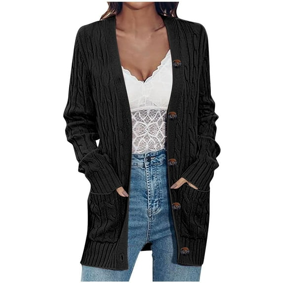 HaiMao Light Cardigan for Women Clearance Button Down Long Sleeve Cardigans with Pockets Dressy Fall Knit Sweaters Black 12(XXL)