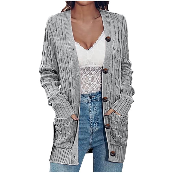 HaiMao Light Cardigan for Women Button Down Long Sleeve Cardigans with Pockets Dressy Fall Knit Sweaters Gray 4(S)