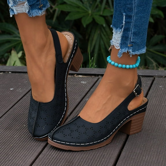 Hinvhai Low Heel Sandals for Women Bohemian Beach Shoes with Arch Support Wide Wide Width Open Toe Sandals for Women Black 9(43)