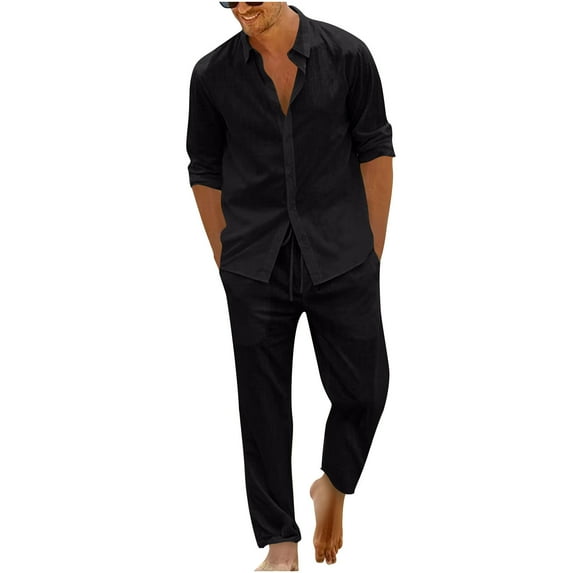 HaiMao Men 2 Piece Linen Sets Outfits Clearance Pants Button Down Long Sleeve Shirts Casual Beach Wedding Fashion Sets Black XL(XL)