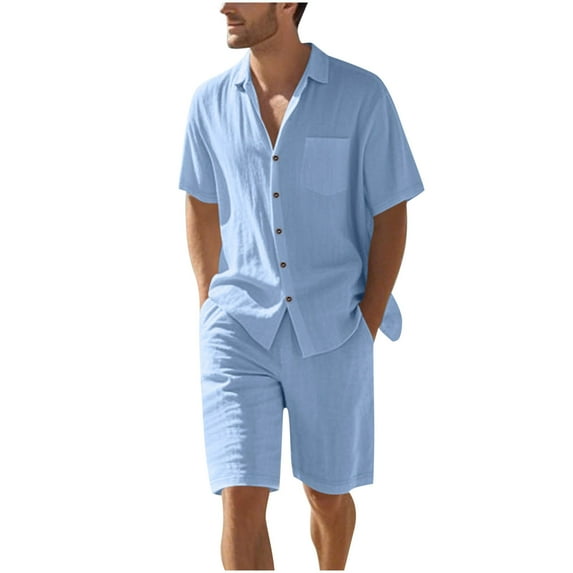 HaiMao Men Cotton Linen 2 Piece Sets Outfits Short Sleeve Button Down Shirts and Summer Beach Shorts Casual with Pockets Light Blue S(S)