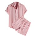 thumbnail image 1 of HaiMao Men's 2 Piece Outfit Set Vacation Short Sets Button Down Shirt and Elastic Waist Shorts Casual Clothes Pink M(M), 1 of 3