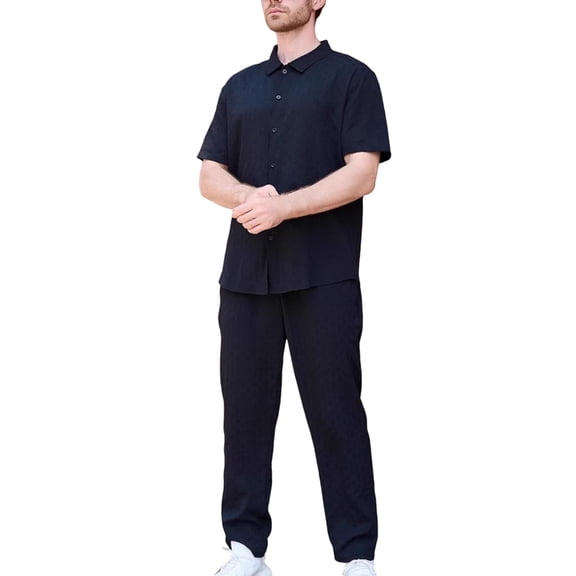 HaiMao Men's 2 Pieces Shirt Sets Casual Button Down Lapel Shirts and Loose Pants Outfits Hawaiian Dressy Work Beach Suit Set Black XL(XL)