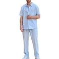 thumbnail image 1 of HaiMao Men's 2 Pieces Shirt Sets Casual Button Down Lapel Shirts and Loose Pants Outfits Hawaiian Dressy Work Beach Suit Set Sky Blue M(M), 1 of 3