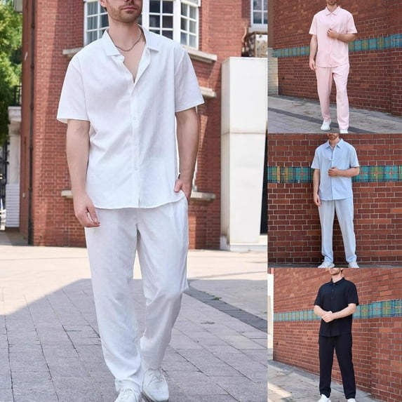 HaiMao Men's 2 Pieces Shirt Sets Casual Button Down Lapel Shirts and Loose Pants Outfits Hawaiian Dressy Work Beach Suit Set White XL(XL)