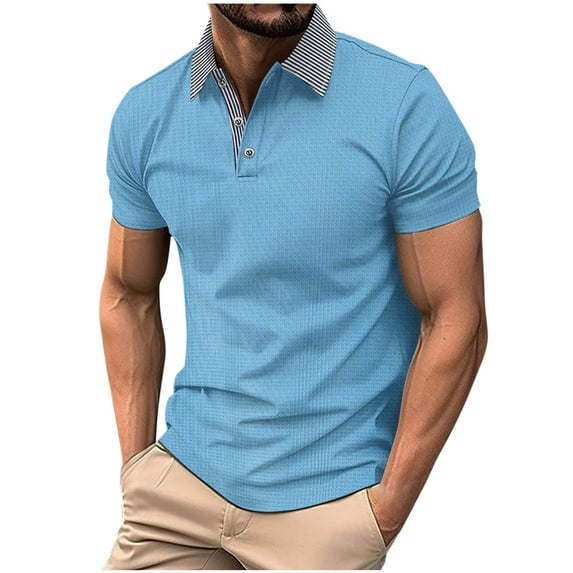Hinvhai Men's Classic Fit Shirts Stretch Pocket Golf Tee Moisture-Wicking Solid Short Sleeve Sky Blue L(L)
