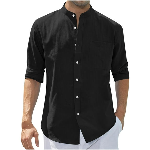 Hinvhai Men's Cotton Long Sleeve Shirts Casual Button Down Banded Collar Shirt Beach Summer Tops Black XXL(XXL)