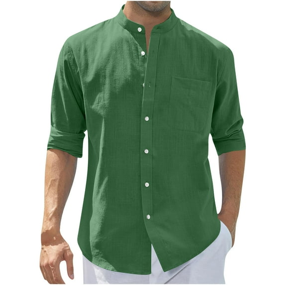 HaiMao Men's Cotton Long Sleeve Shirts Casual Button Down Banded Collar Shirt Beach Summer Tops Green XL(XL)