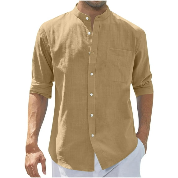 HaiMao Men's Cotton Long Sleeve Shirts Casual Button Down Banded Collar Shirt Beach Summer Tops Khaki M(M)