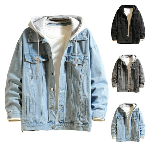 HaiMao Men's Denim Hoodie Jacket Casual Long Sleeve Button Down Jeans Coat Windproof Hip Hop Trucker Hooded Jackets Light Blue XL(XL)